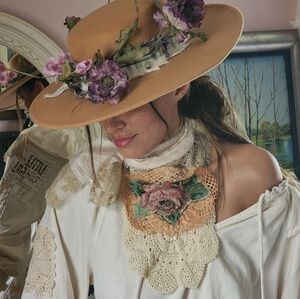 Hat Flower Rose Purple Vintage Upcycled Shabby Flannel  Floral Jacquard Bow